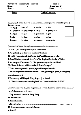 Ma trận và đề kiểm tra một tiết số 1 Tiếng anh lớp 9 (Có đáp án) - Trường THCS Phù Long